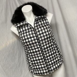 Talbots Puffer Vest Black White Gingham Buffalo Check Faux Fur Removable Collar